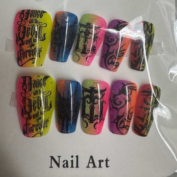 Press On Nails Gothic Devil Art Rainbow Grunge False Nail Set - Picture 1 of 1
